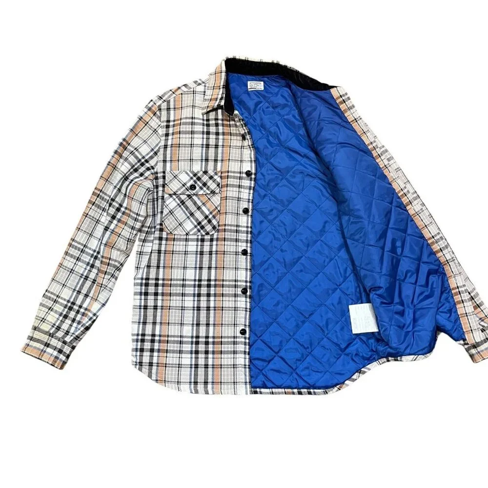 Mens J.Crew Plaid‎ Long-Sleeve Quilted Shirt Jacket Medium Cotton Blue Beige Tan